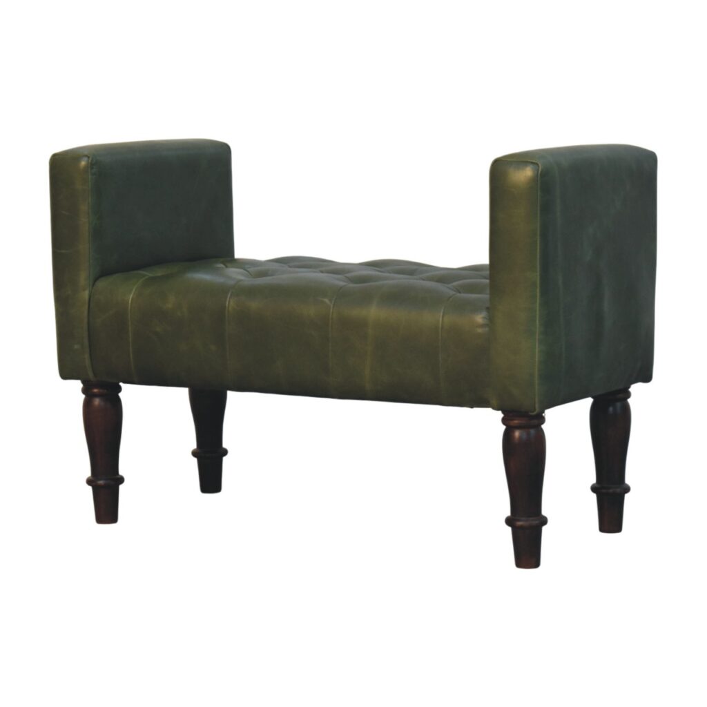 Solid Mango Wood California Walnut Finished Green Leather Bedroom Bench