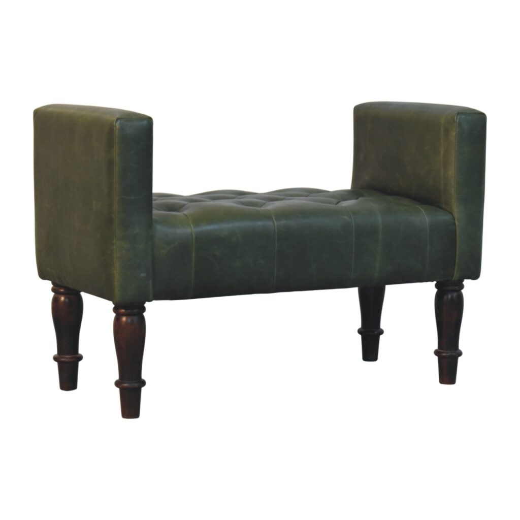 Solid Mango Wood California Walnut Finished Green Leather Bedroom Bench