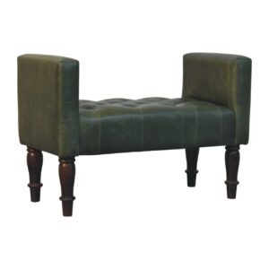 Solid Mango Wood California Walnut Finished Green Leather Bedroom Bench - Image 4