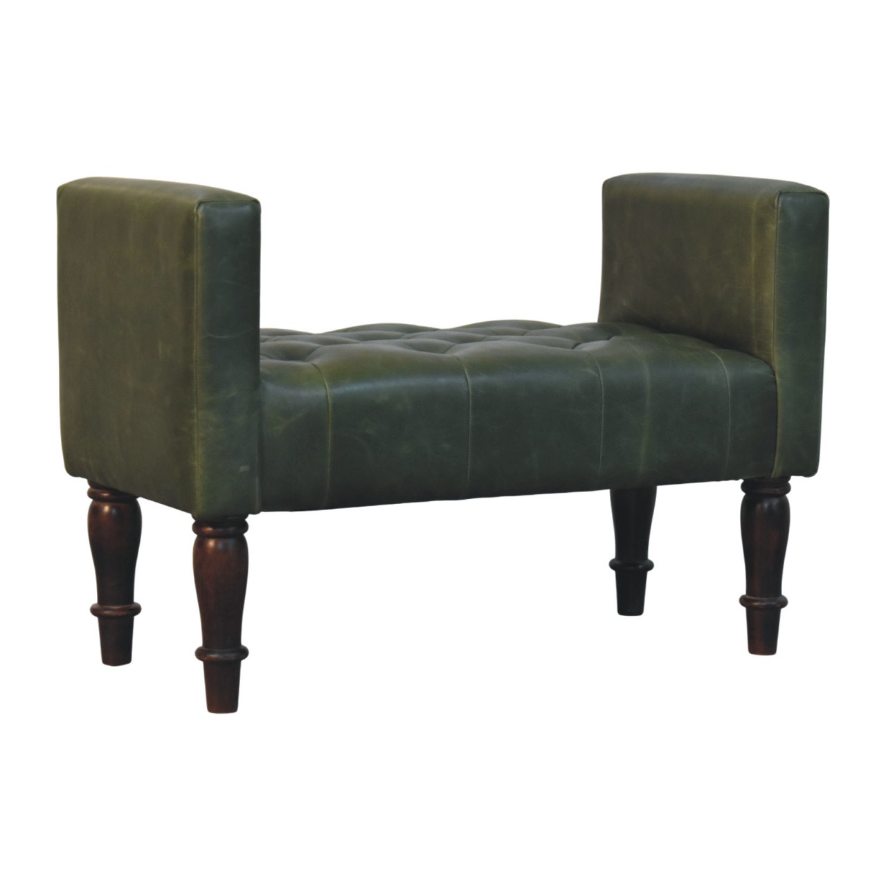 Solid Mango Wood California Walnut Finished Green Leather Bedroom Bench - Image 4