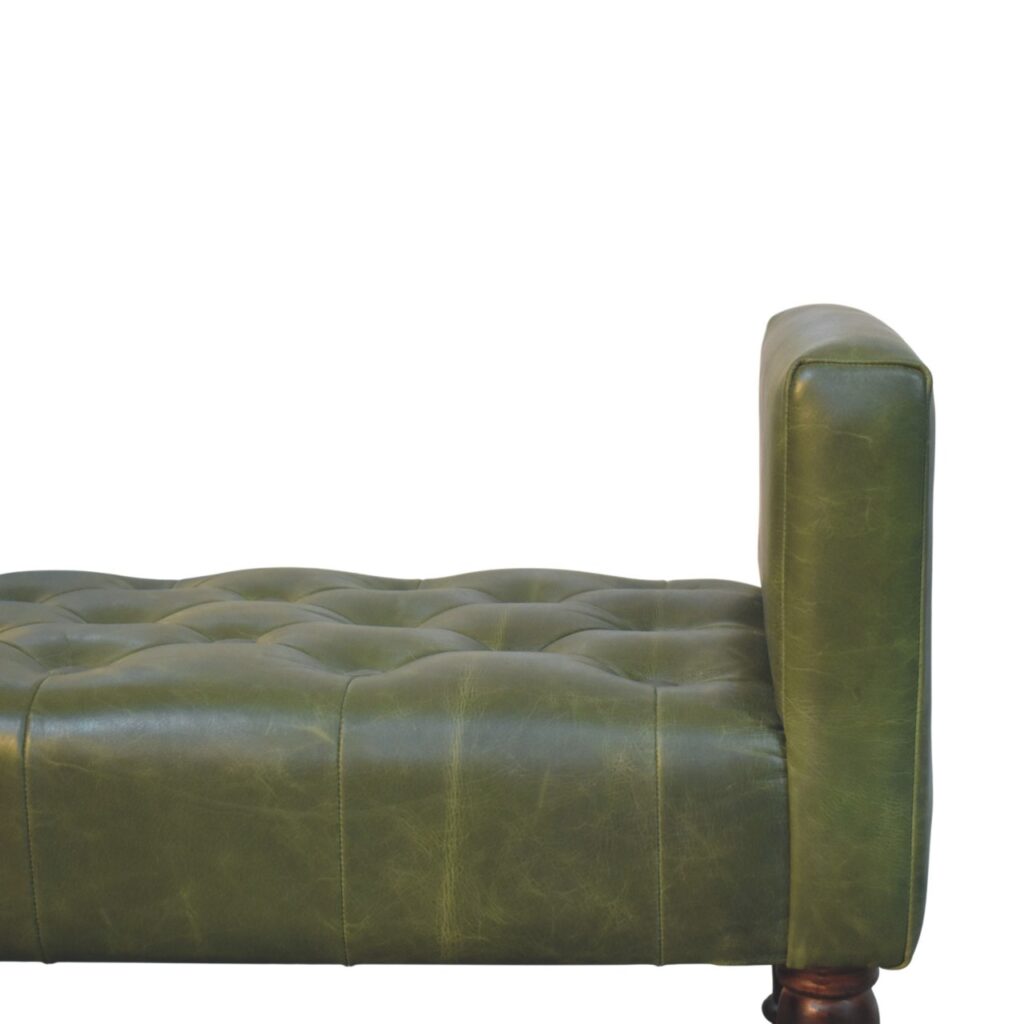 Solid Mango Wood California Walnut Finished Green Leather Bedroom Bench