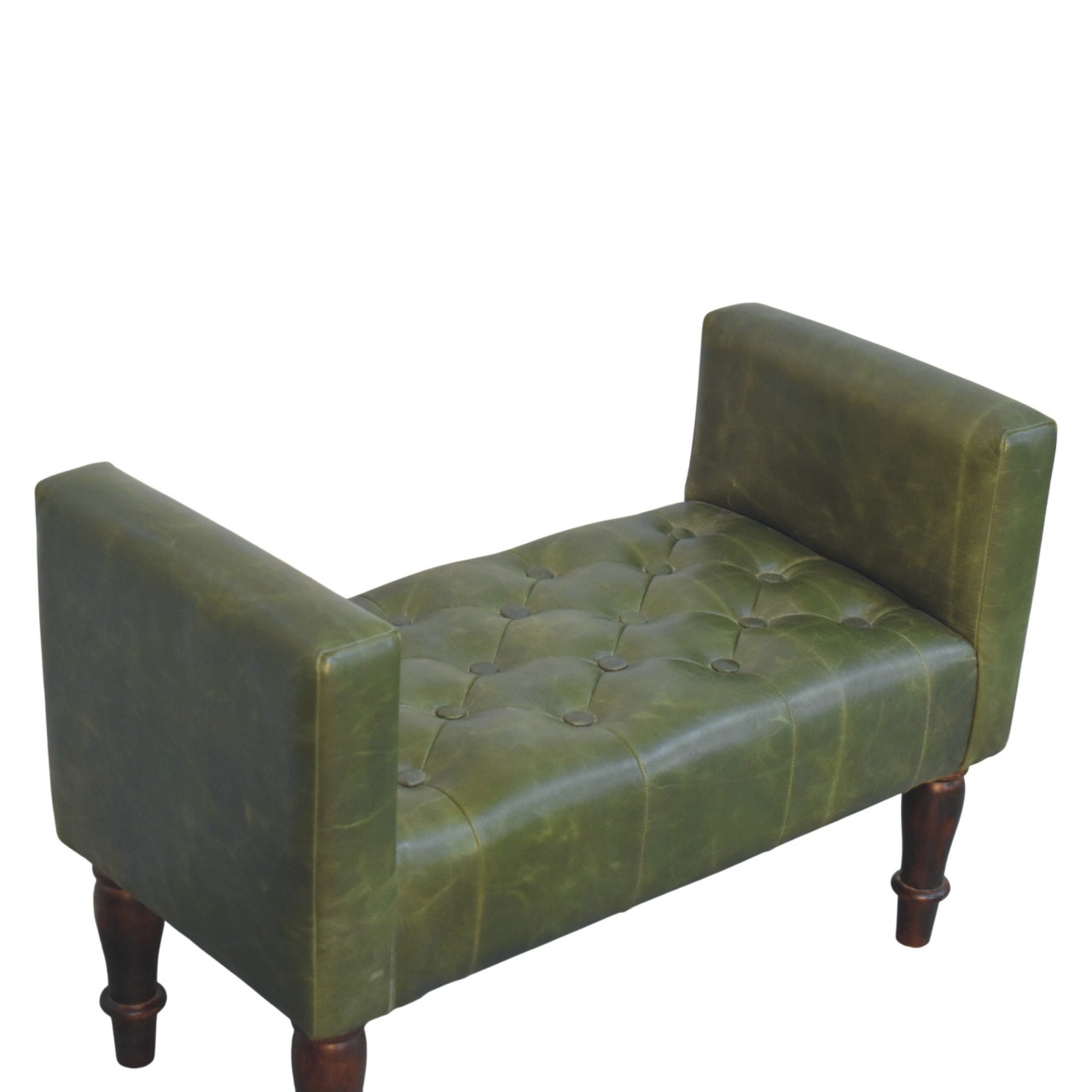 Solid Mango Wood California Walnut Finished Green Leather Bedroom Bench - Image 6