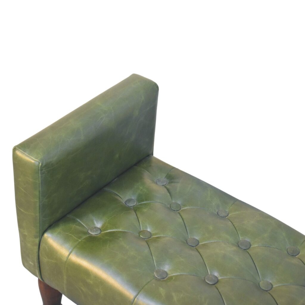 Solid Mango Wood California Walnut Finished Green Leather Bedroom Bench