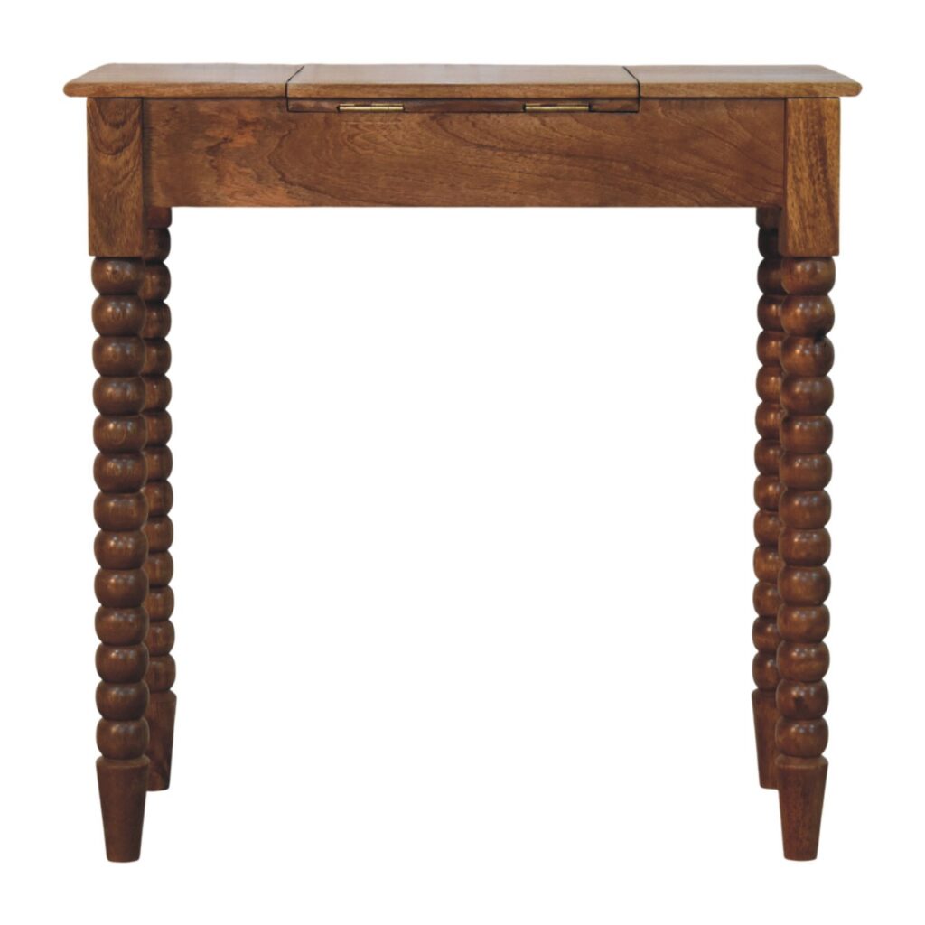 Solid Mango Wood Amber Oak Finished Spindle Leg Lift Up Mirror Dressing Table