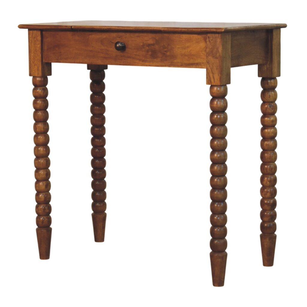 Solid Mango Wood Amber Oak Finished Spindle Leg Lift Up Mirror Dressing Table