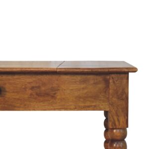 Solid Mango Wood Amber Oak Finished Spindle Leg Lift Up Mirror Dressing Table - Image 4