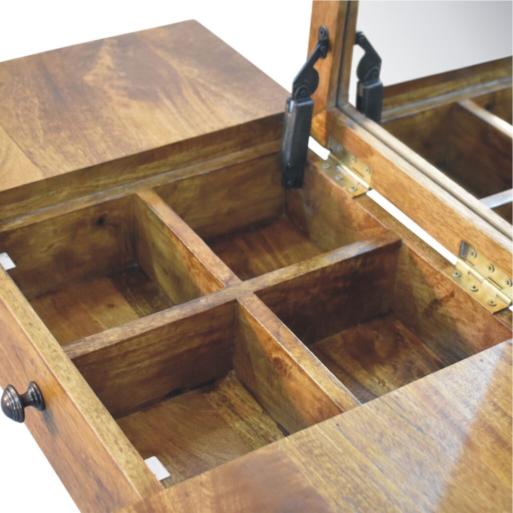 Solid Mango Wood Amber Oak Finished Spindle Leg Lift Up Mirror Dressing Table