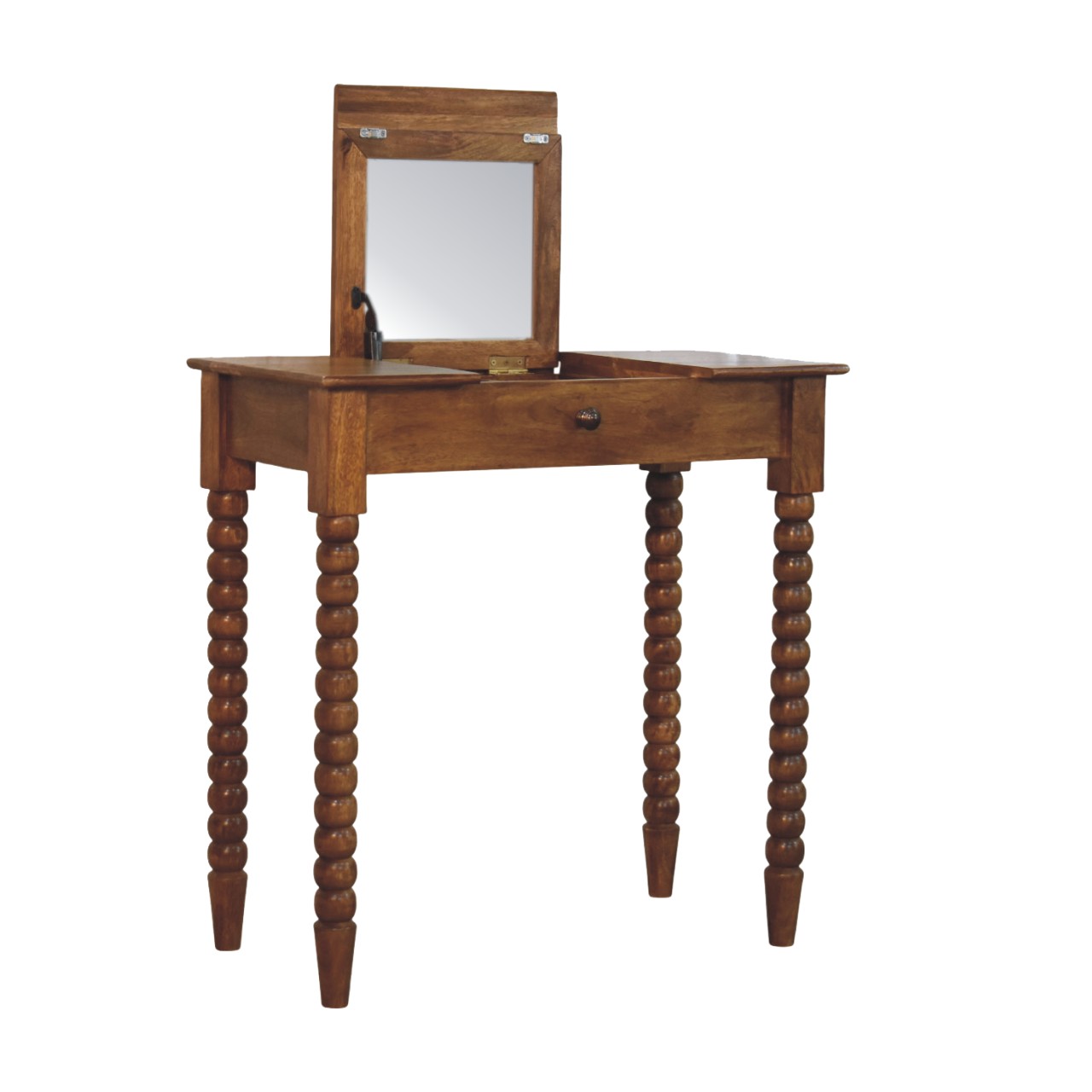 Solid Mango Wood Amber Oak Finished Spindle Leg Lift Up Mirror Dressing Table - Image 7