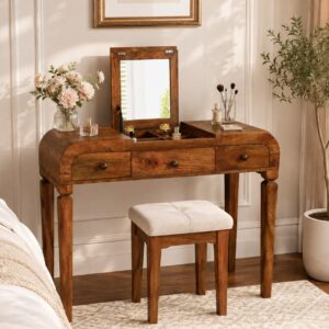 Solid Mango Wood Golden Teak Finished 3 Drawer Curved Dressing Table - Image 1