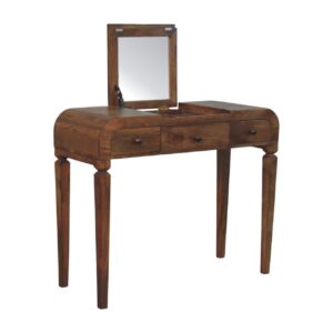 Solid Mango Wood Golden Teak Finished 3 Drawer Curved Dressing Table - Image 5