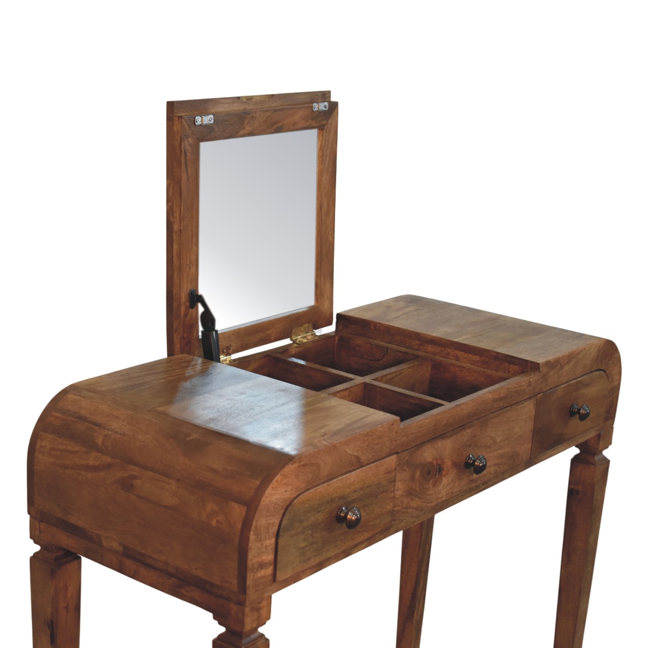 Solid Mango Wood Golden Teak Finished 3 Drawer Curved Dressing Table - Image 6