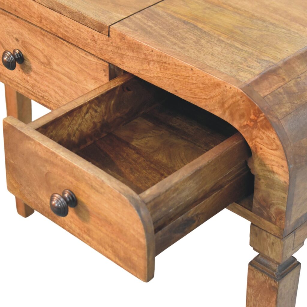 Solid Mango Wood Golden Teak Finished 3 Drawer Curved Dressing Table