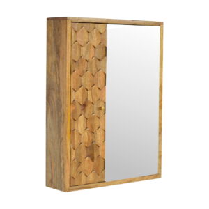 Solid Mango Wood Oak Finished Pineapple Carved Mirror Cabinet