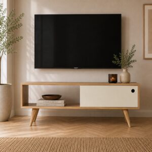 Solid Mango Wood Oak Finished White Sliding Door Media Unit