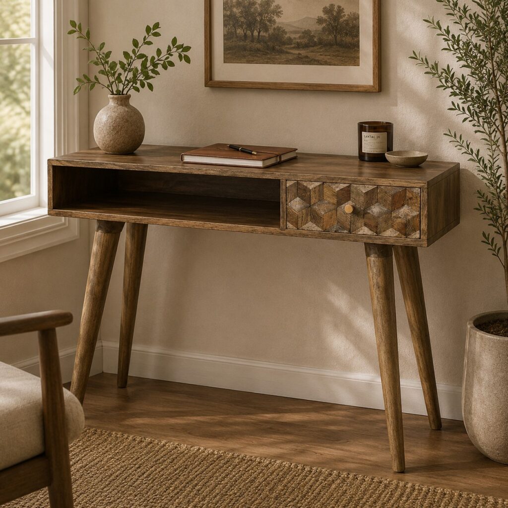 Solid Mango Wood Oak Finished 1 Drawer 1 Slot Cube Carved Writing Desk