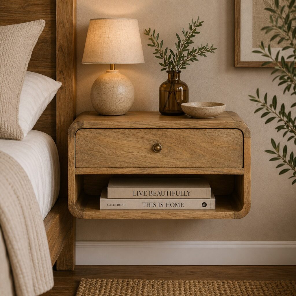 Solid Mango Wood Oak Finished 1 Drawer 1 Slot Floating Curve Open Slot Bedside