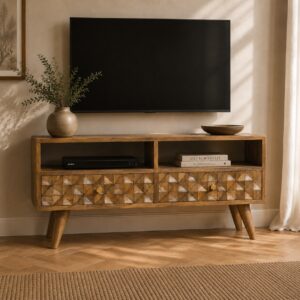 Solid Mango Wood Oak Finished 2 Drawer 2 Slot Diamond Carved Media Unit
