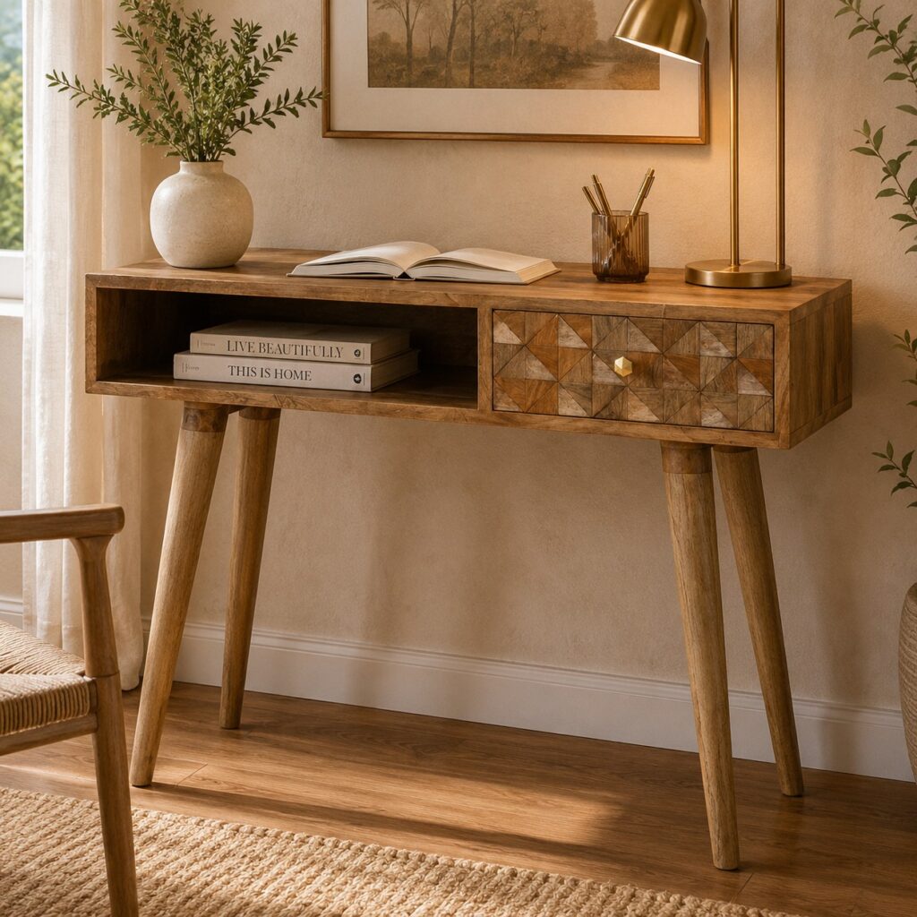 Solid Mango Wood Oak Finished 1 Drawer 1 Slot Diamond Carved Writing Desk