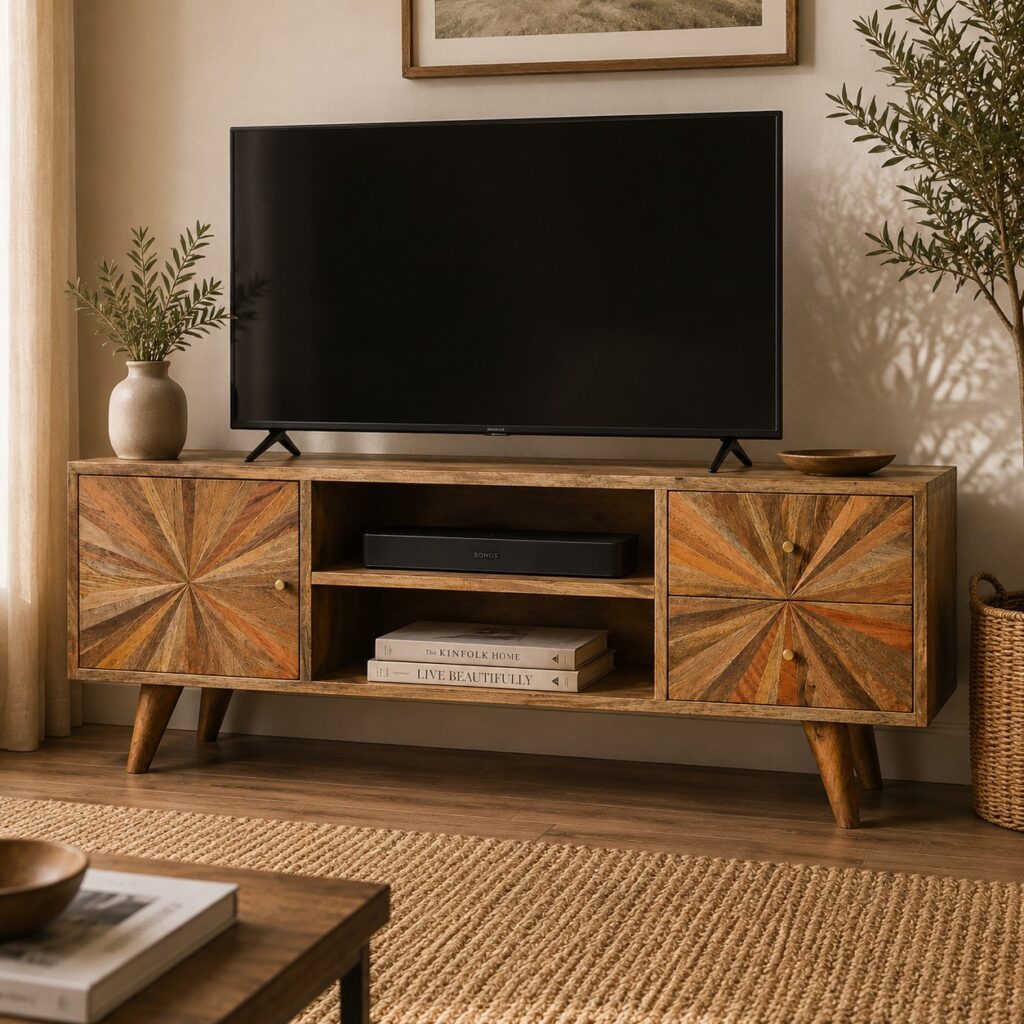 Solid Mango Wood Oak Finished Sunrise Patterned 1 Cabinet 2 Drawer 1 Shelf TV Unit