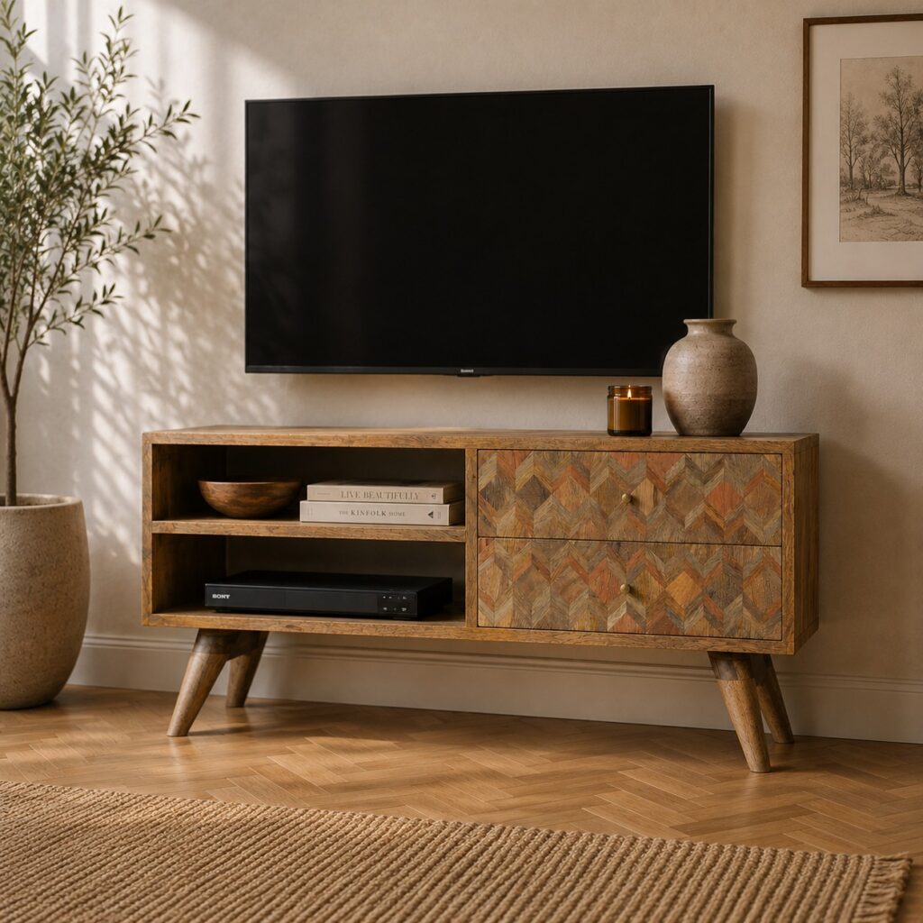 Solid Mango Wood Oak Finished 2 Drawer 2 Shelves Diamond Pattern Television/Media Unit