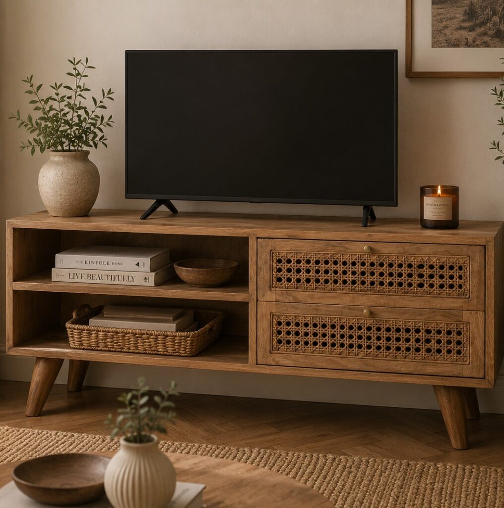 Solid Mango Wood Oak Finished 2 Drawer 2 Slot Rattan Front Media/Television Unit