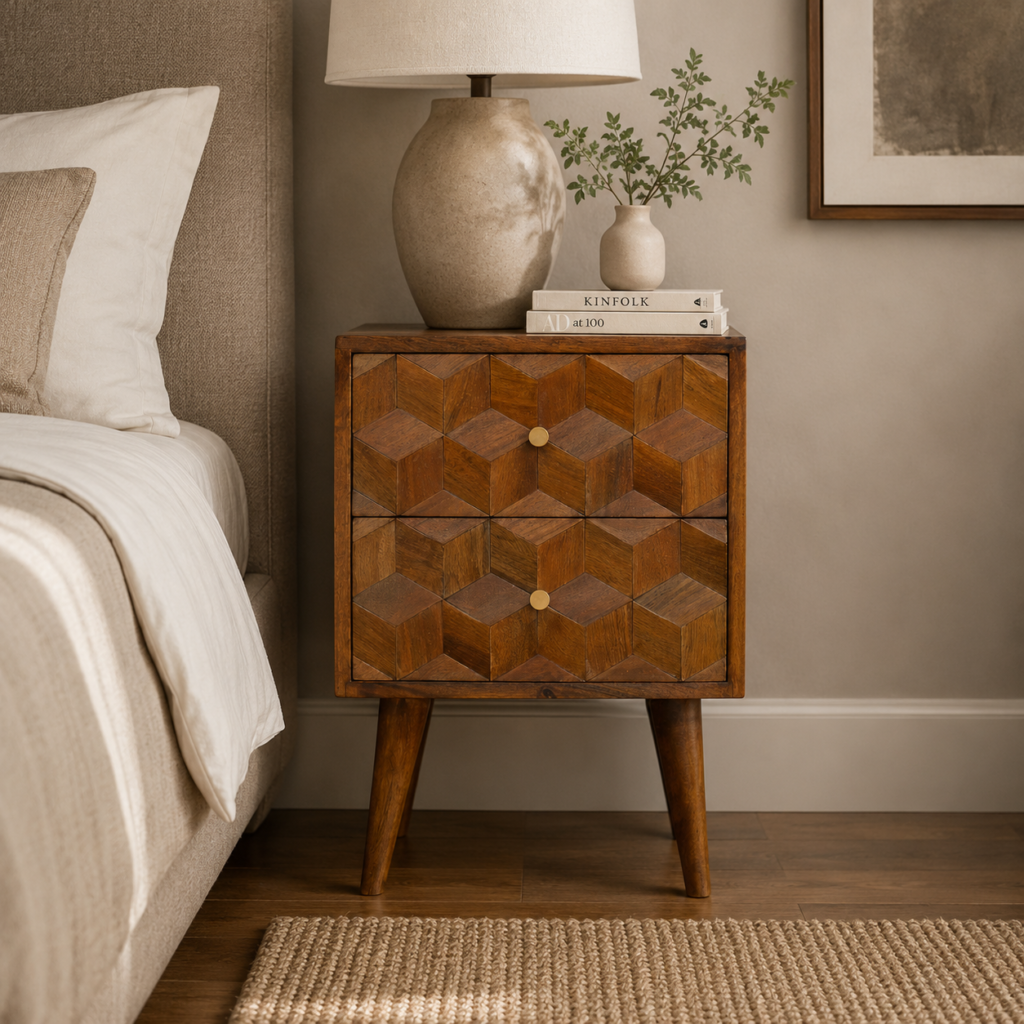 Solid Mango Wood Chestnut Finished Cube Curved 2 Drawer Bedside