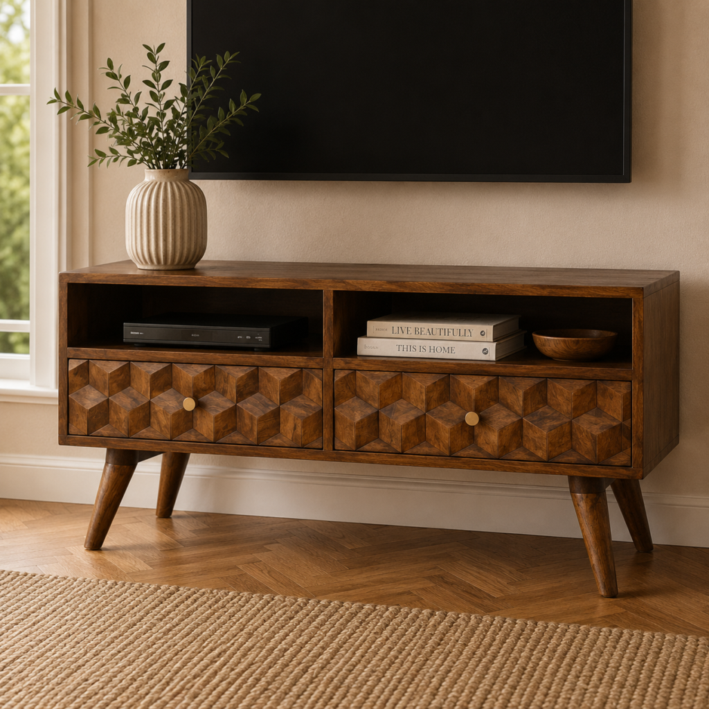 Solid Mango Wood Chestnut Finished 2 Drawer 2 Slot Cube Carved Media Unit