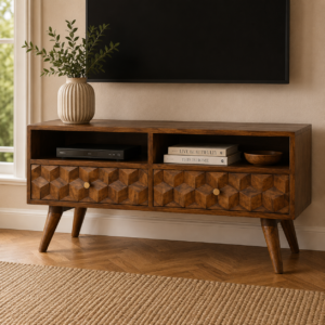Solid Mango Wood Chestnut Finished 2 Drawer 2 Slot Cube Carved Media Unit