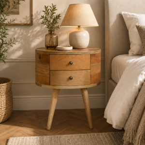 Solid Mango Wood Oak Finished 2 Drawer Rounded Bedside Table