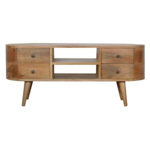 Solid Mango Wood Oak Finished 2 Slot 4 Drawer Rounded Entertainment Unit
