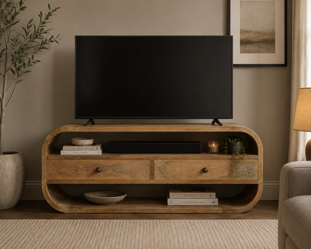 Solid Mango Wood Oak Finished 2 Drawer Circular Media Unit