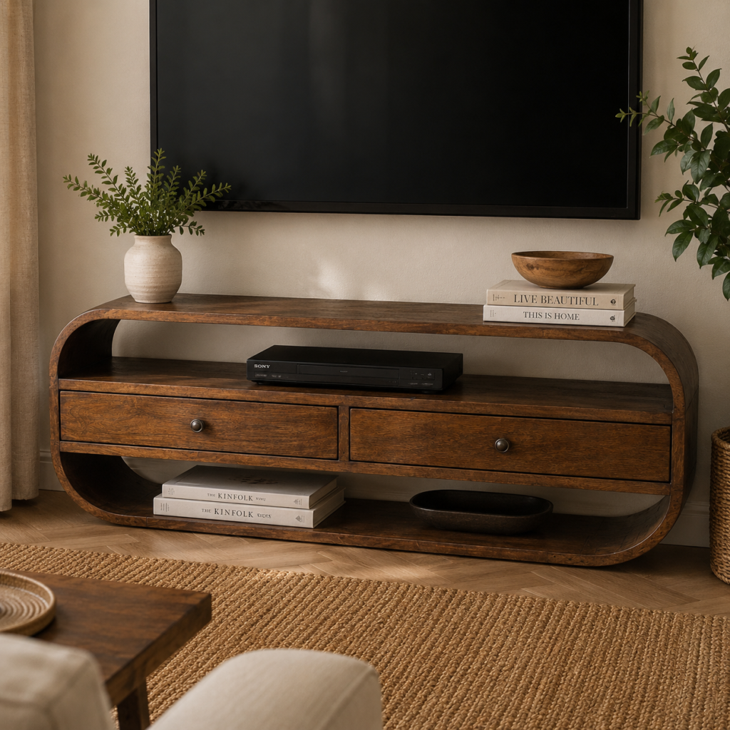Solid Mango Wood 2 Drawer Chestnut Finished Wall Mounted Circular Media Unit