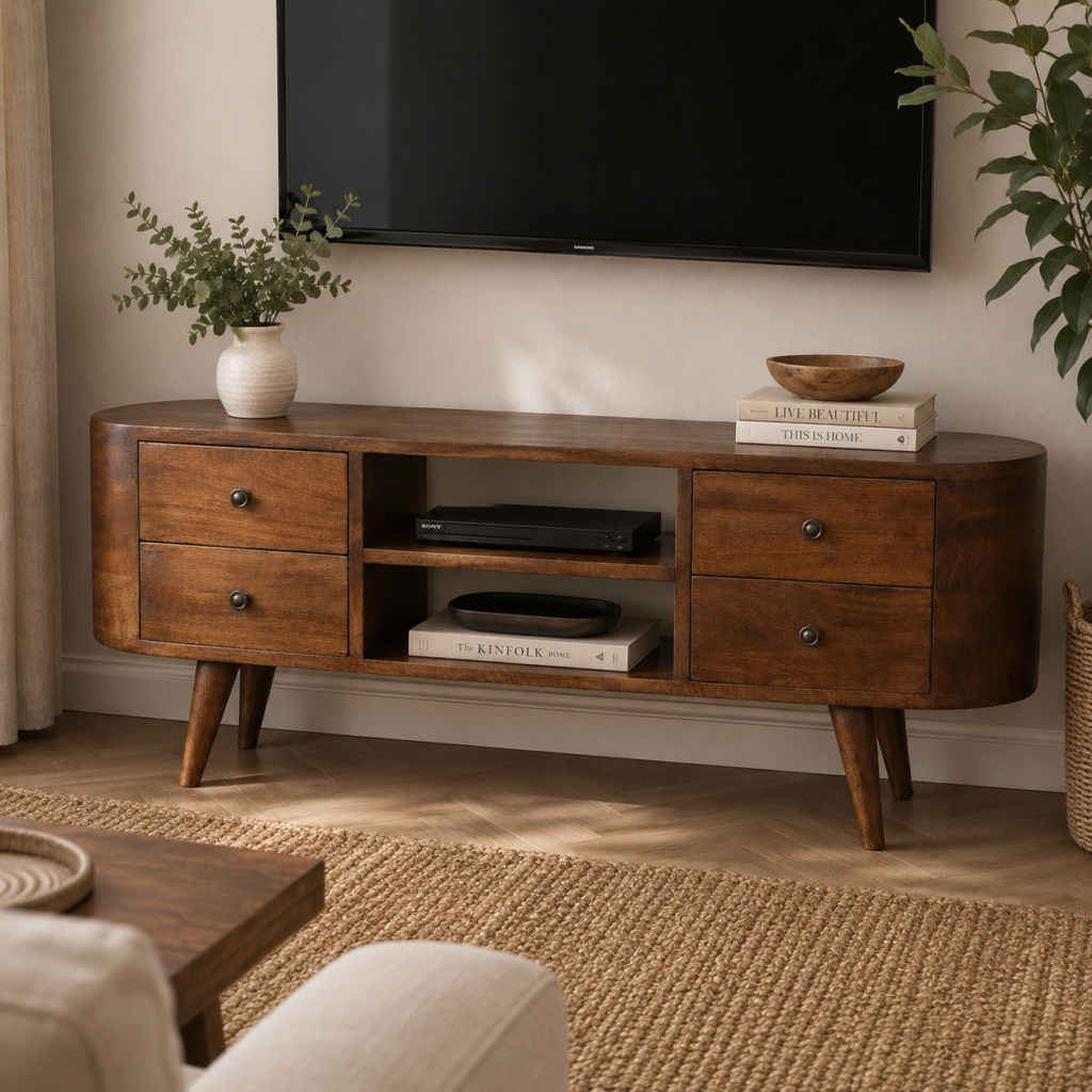Solid Mango Wood Chestnut Finished 4 Drawer 2 Slot Rounded Entertainment Unit