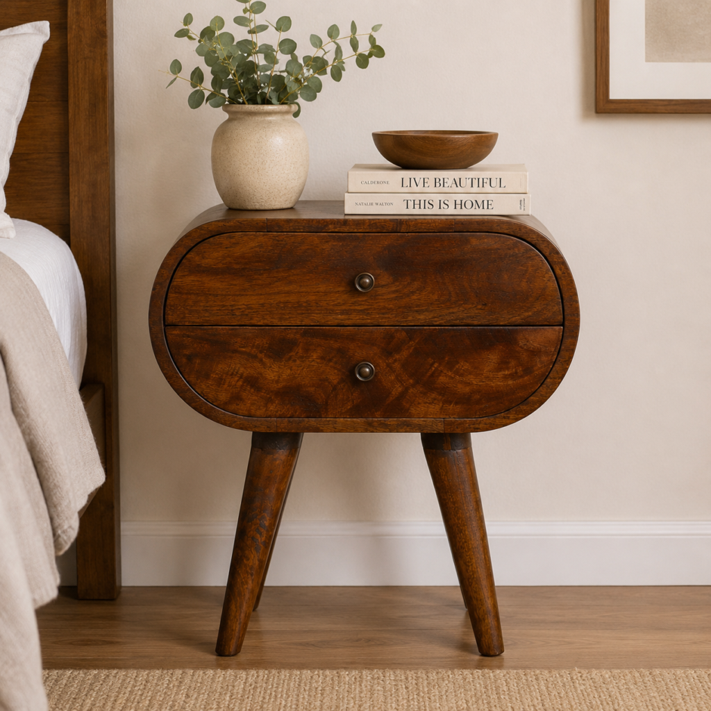 Solid Mango Wood Chestnut Finished 2 Drawer Circular Bedside