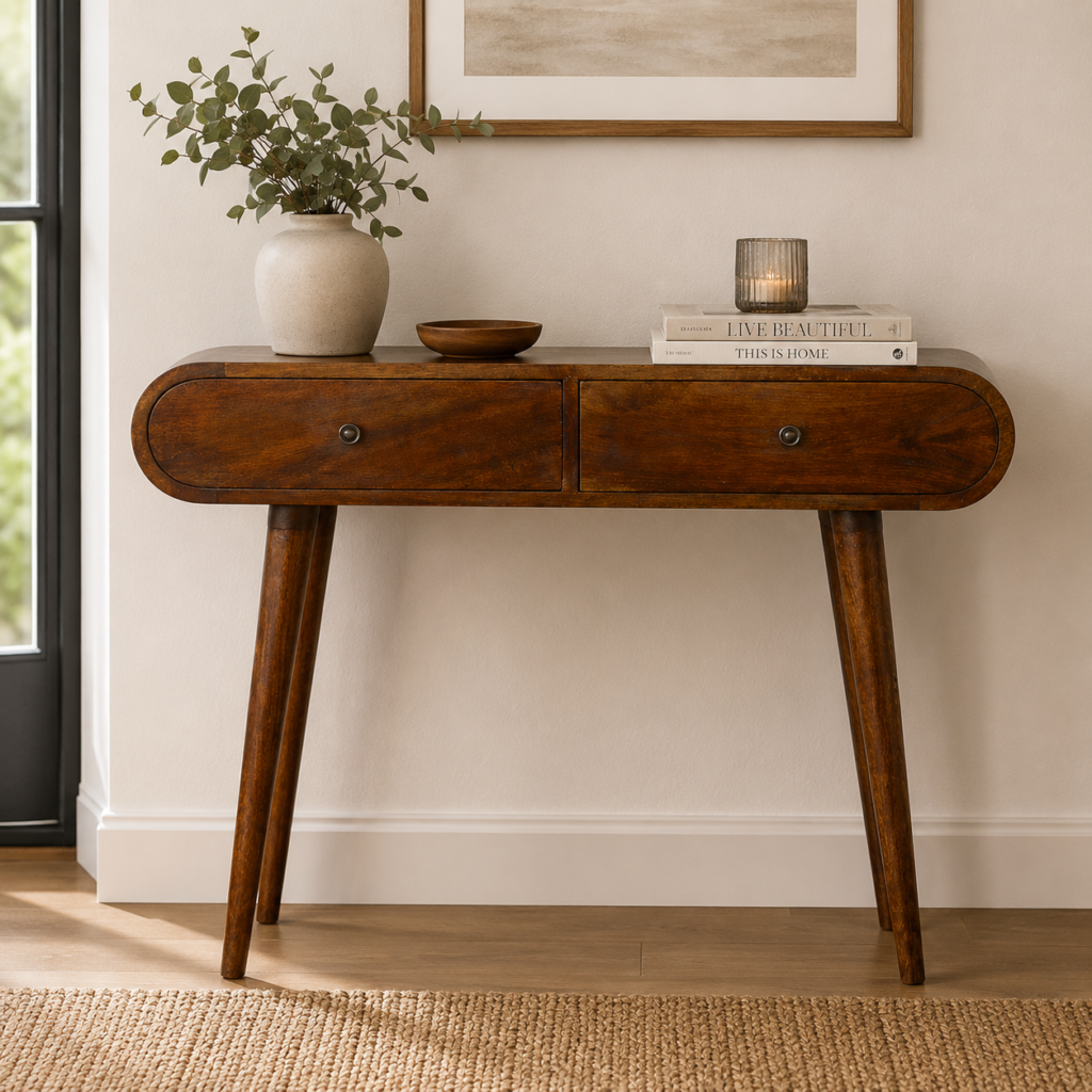 Solid Mango Wood Chestnut Finished 2 Drawer Rounded London Console Table