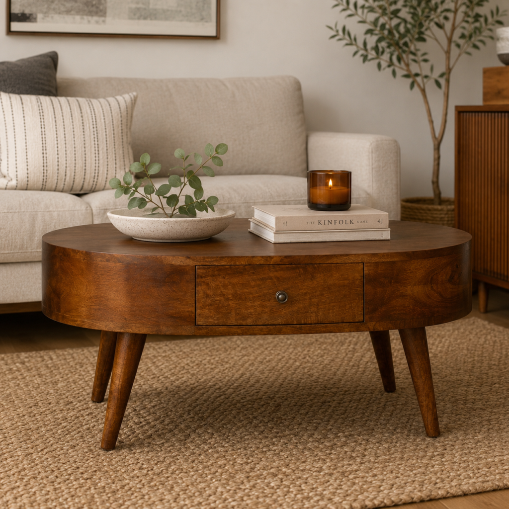 Solid Mango Wood Chestnut Finished 2 Drawer Rounded Coffee Table