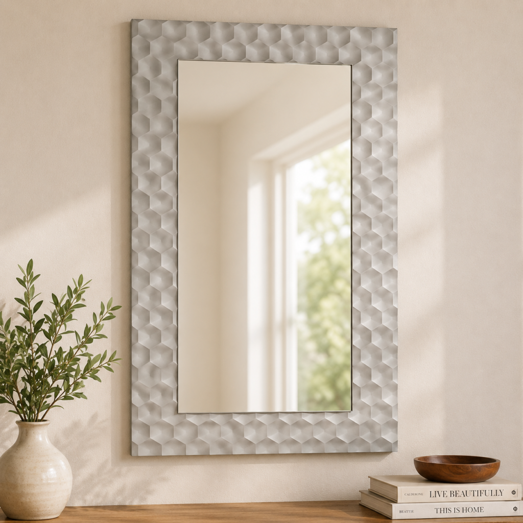 Solid Mango Wood White Painted Honeycomb Framed Rectangular Mirror