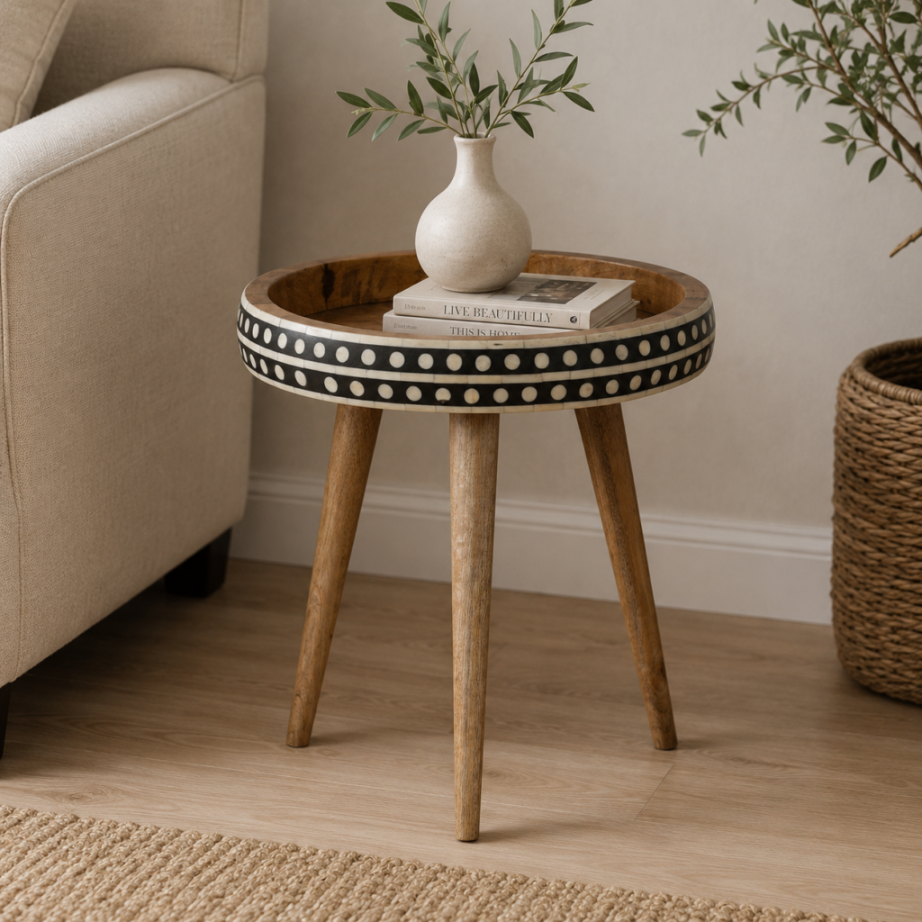 Solid Mango Wood Oak Finished Bone Inlay Edge End Table