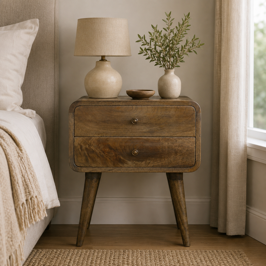Solid Mango Wood Grey Washed Curved 2 Drawer Bedside
