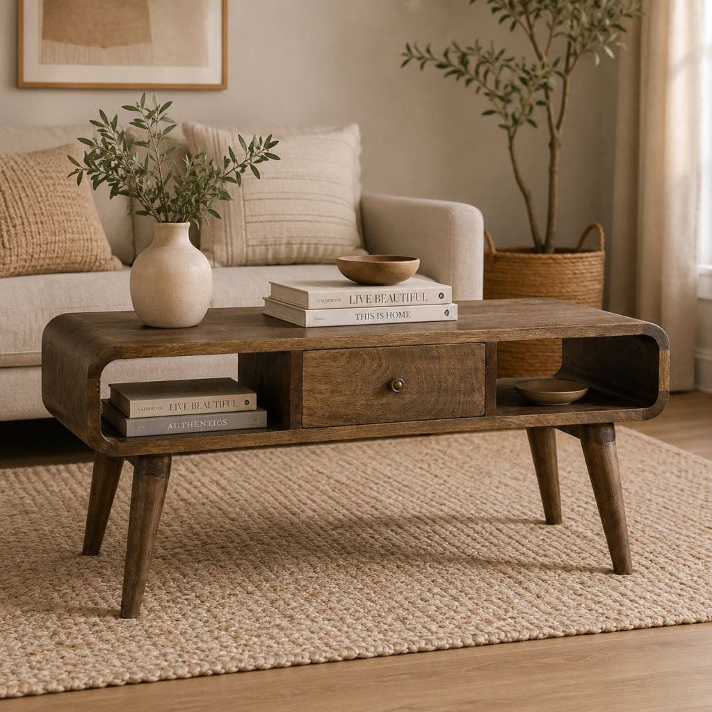 Solid Mango Wood Grey Washed Finished 2 Drawer 2 Slot Coffee Table