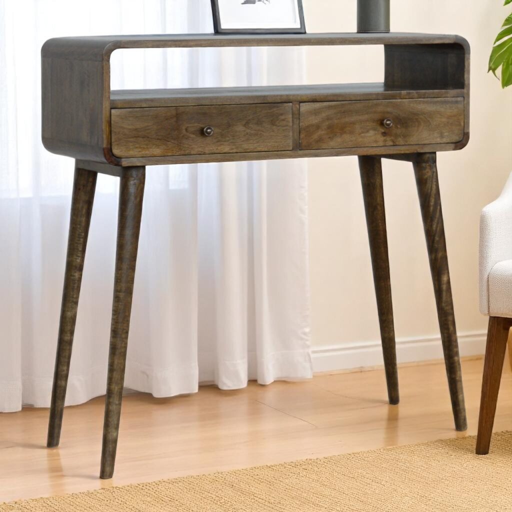 Solid Mango Wood 2 Drawer 1 Slot Grey Washed Console Table