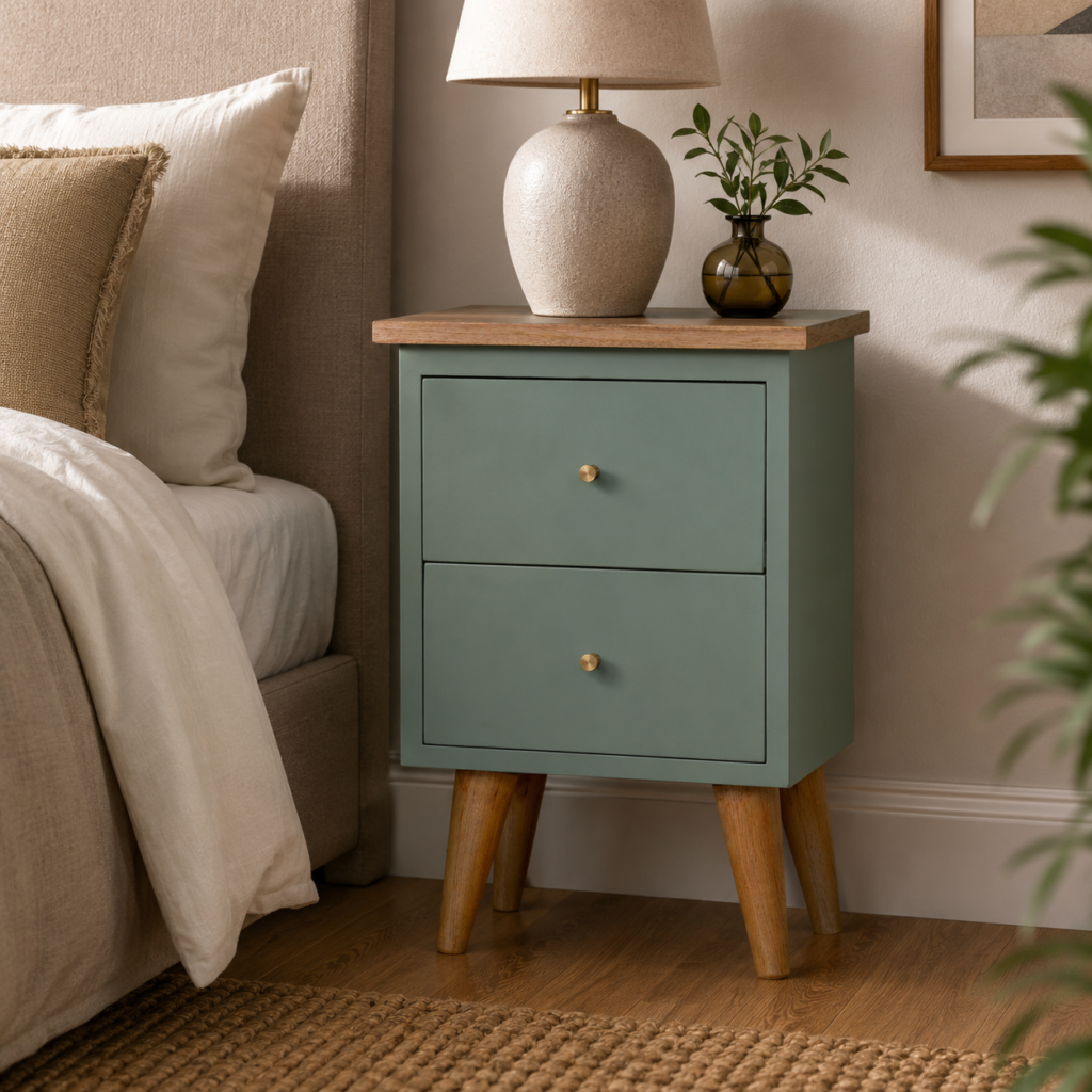 Solid Mango Wood Oak Finished Green Painted 2 Drawer Bedside Table/Cabinet