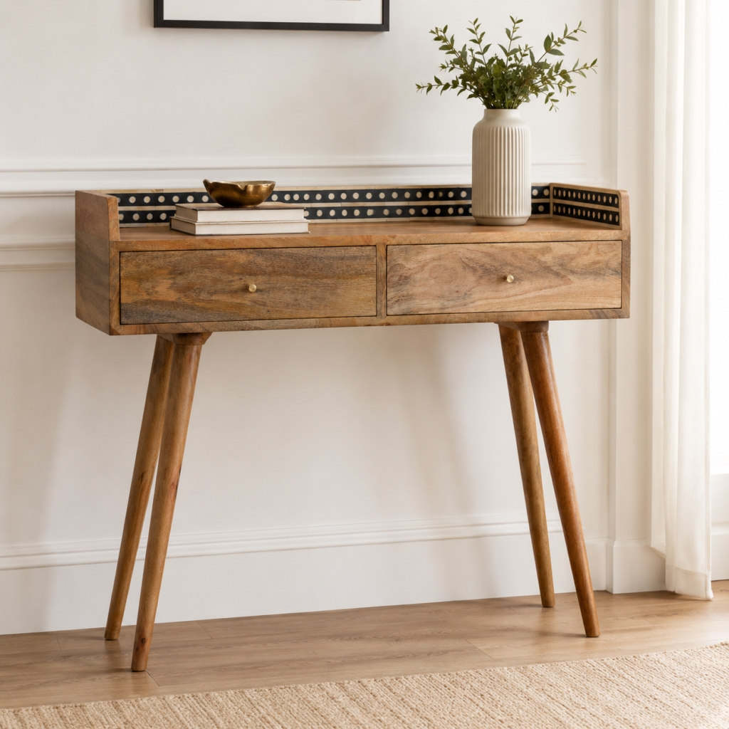 Solid Mango Wood Oak Finished 2 Drawer Gallery Back Bone Inlay Console Table
