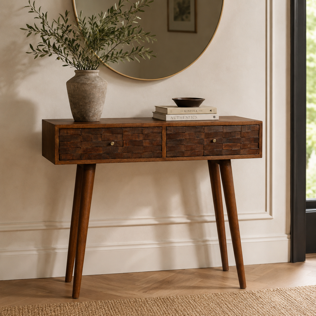 Solid Mango Wood Chestnut Finished 2 Tiled Drawer Console Table