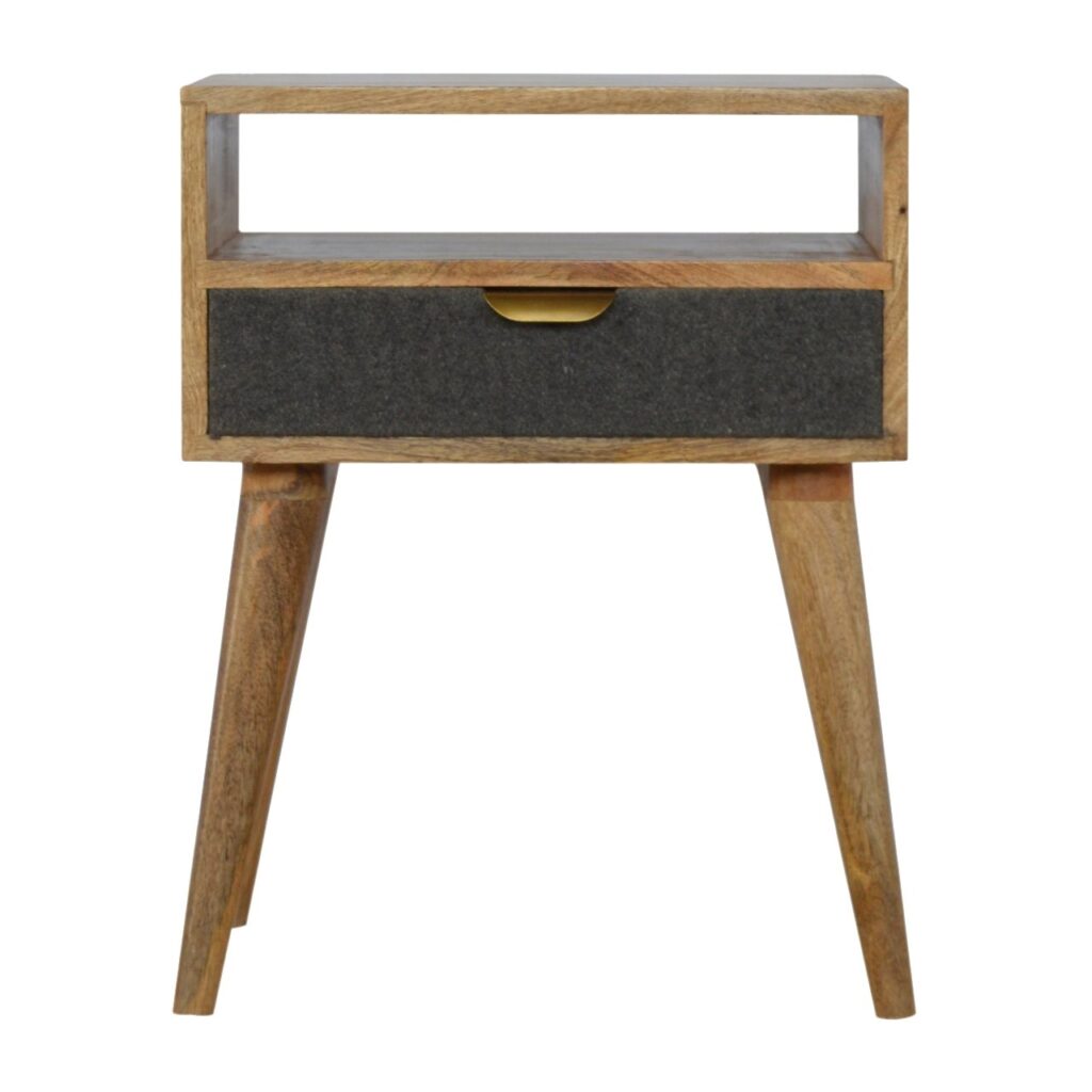 Solid Mango Wood Oak Finished 1 Drawer 1 Slot Grey Tweed Bedside