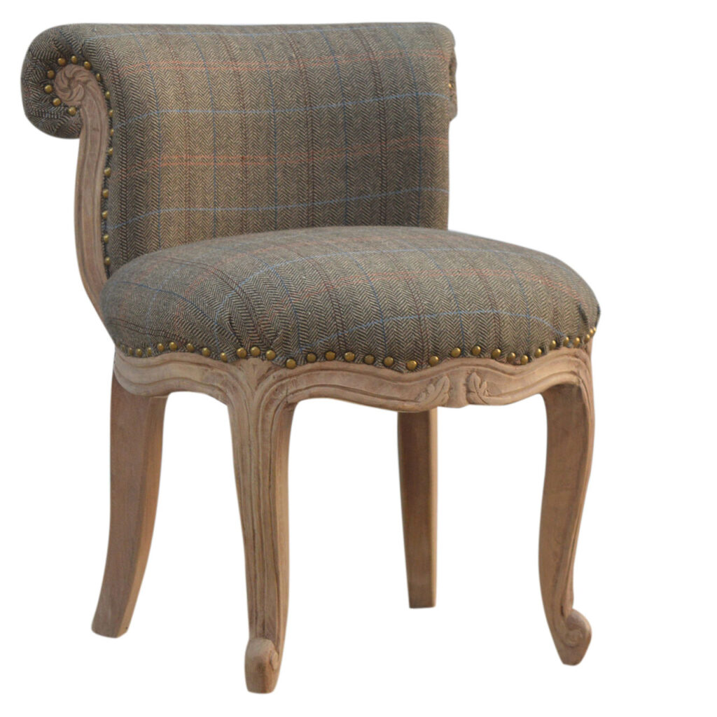 Solid Mango Wood Sun Bleached Finished Upholstered Check Tweed Chair