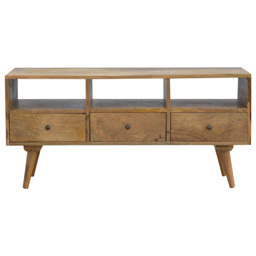 Solid Mango Wood Oak Finished 3 Drawer 3 Slot Media Unit