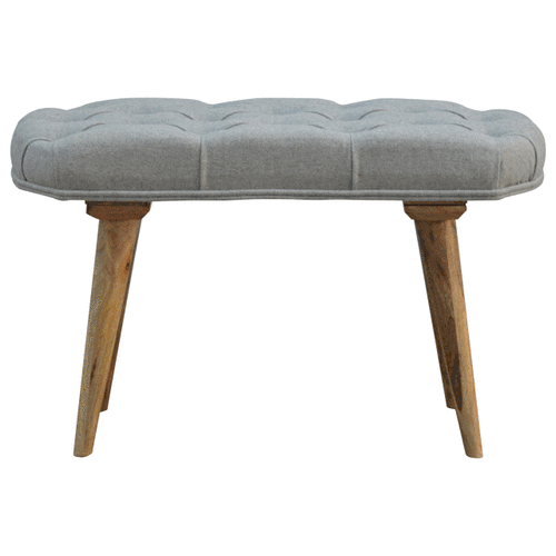 Solid Mango Wood Oak Finished Deep Buttoned Grey Tweed Upholstered Bench