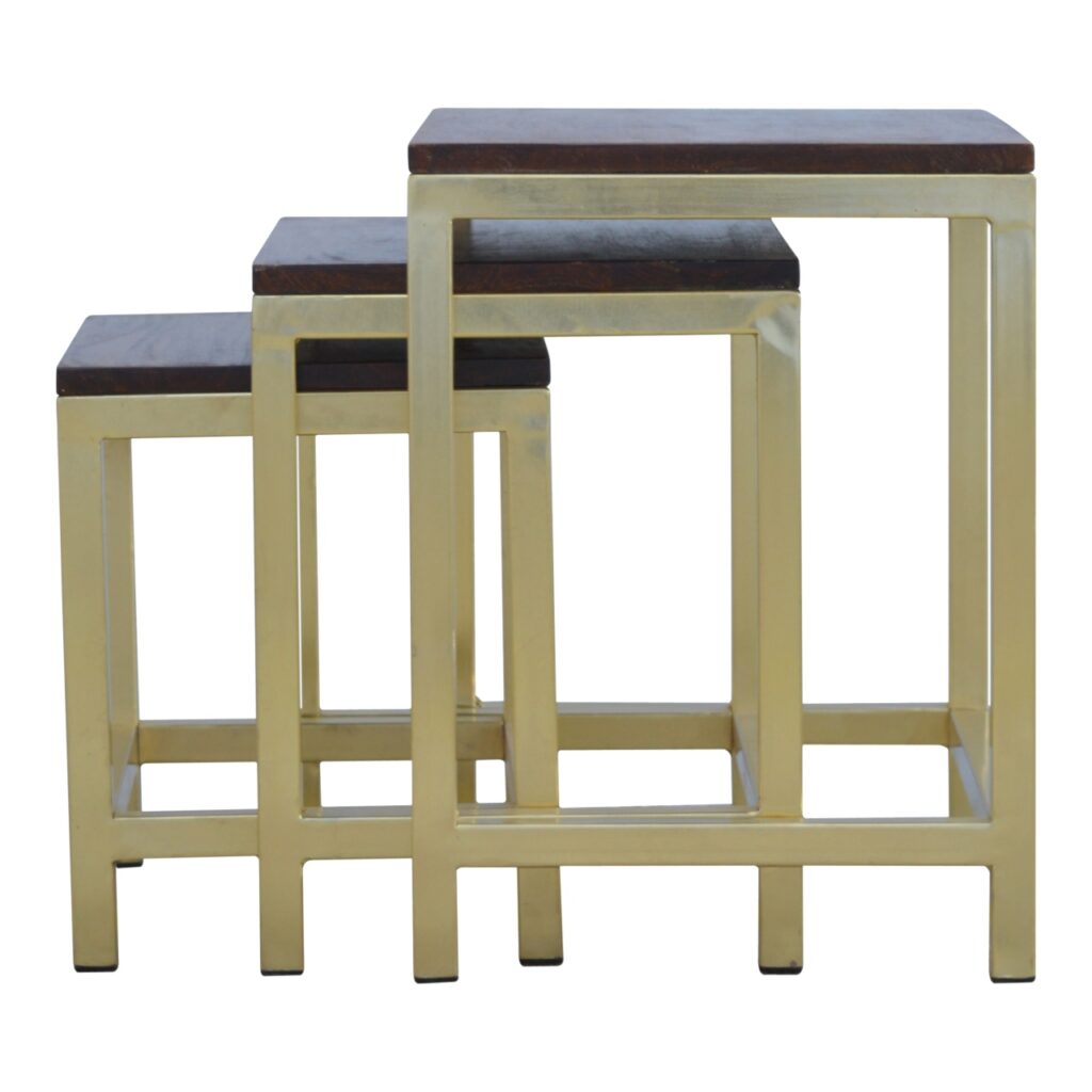 Solid Mango Wood Chestnut Finished Set of 3 Chunky Brass Stools