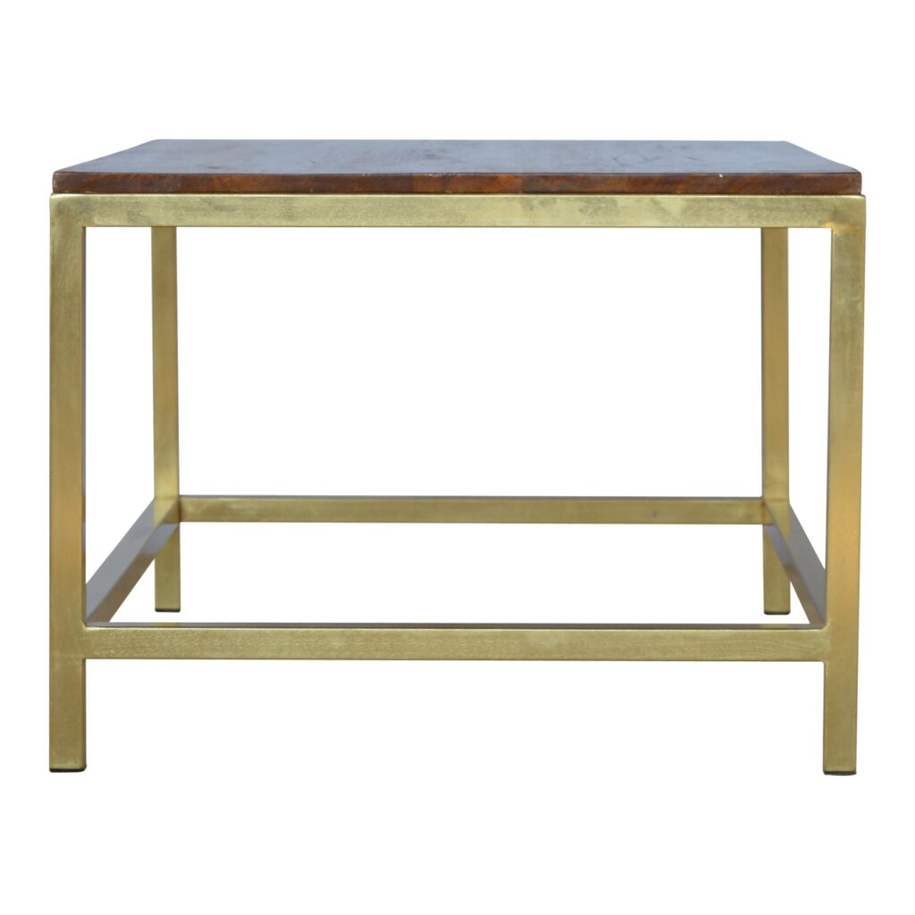 Mango Wood Chestnut Finished Rectangle Brass Coffee Table